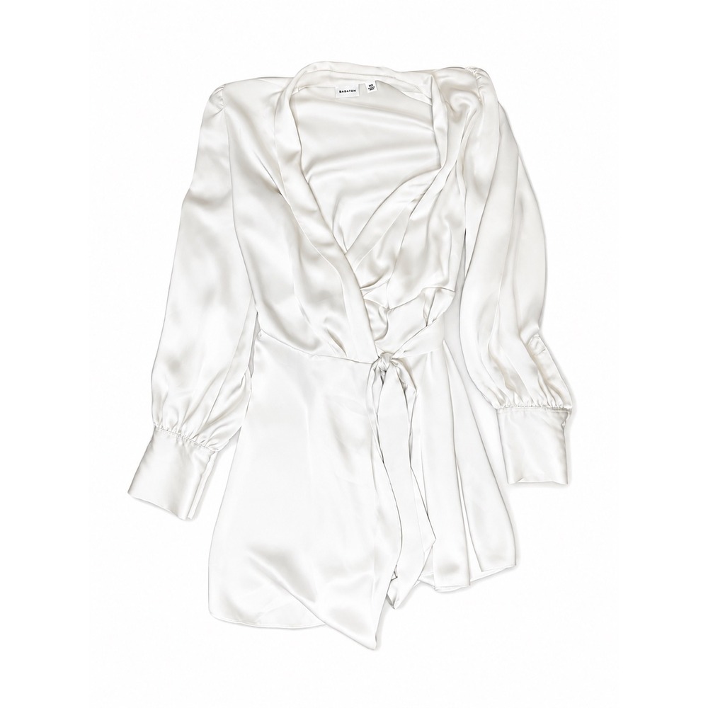 Babaton Satin Wrap Mini Dress Ivory 2XS Shawl Collar Tie Waist Long Sleeve - Picture 4 of 8